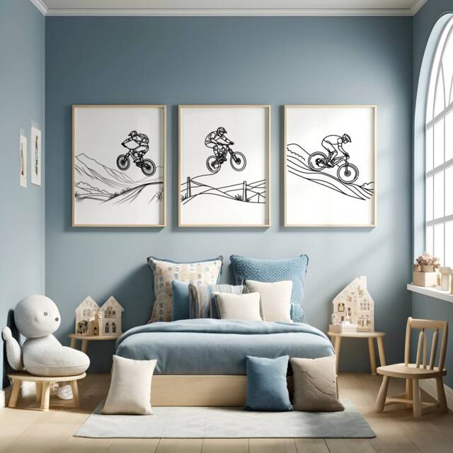 Mountain Bike Gifts - Set Of 3 Posters - Biker Wall Art Line Drawing Decor Gift Cycling Artwork Boys Cyclist Bedroom Prints Biking - image 1