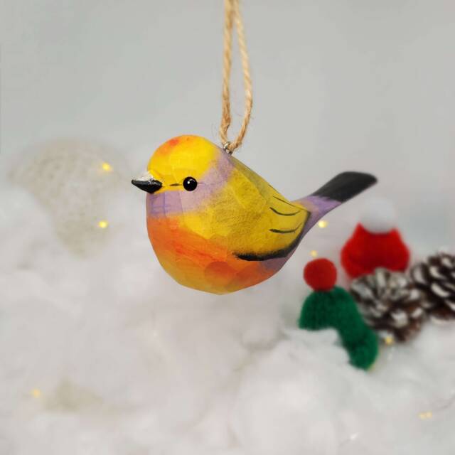 White-Browed Tit-Warbler Hanging Christmas Ornaments Wooden Hand Carved Painted Bird - image 1
