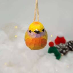 White-Browed Tit-Warbler Hanging Christmas Ornaments Wooden Hand Carved Painted Bird - thumbnail 4