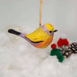 White-Browed Tit-Warbler Hanging Christmas Ornaments Wooden Hand Carved Painted Bird - thumbnail 3