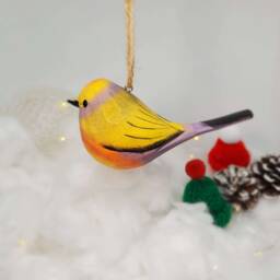 White-Browed Tit-Warbler Hanging Christmas Ornaments Wooden Hand Carved Painted Bird - thumbnail 2