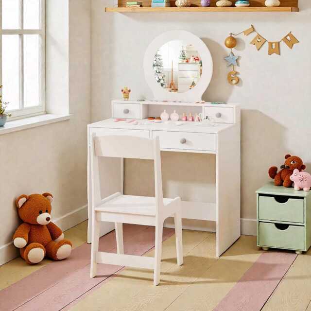 Kids Vanity Set With Mirror, Chair & Storage White Dressing Table For Girls - image 1