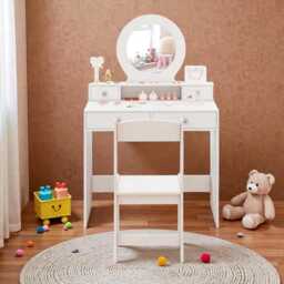 Kids Vanity Set With Mirror, Chair & Storage White Dressing Table For Girls - thumbnail 2