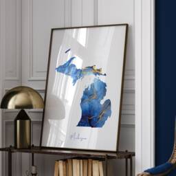 Michigan Map Blue & Gold Wall Art Print - Us State United States Of America Usa - thumbnail 1