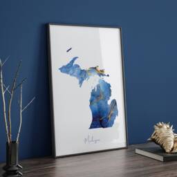 Michigan Map Blue & Gold Wall Art Print - Us State United States Of America Usa - thumbnail 3
