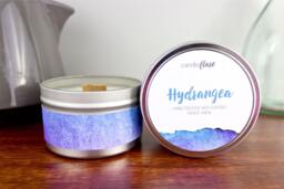 Hydrangea Soy Candle in 8Oz Tin, Wood Wick Candle, Floral Spring Hydrangea Scented Tin - thumbnail 1