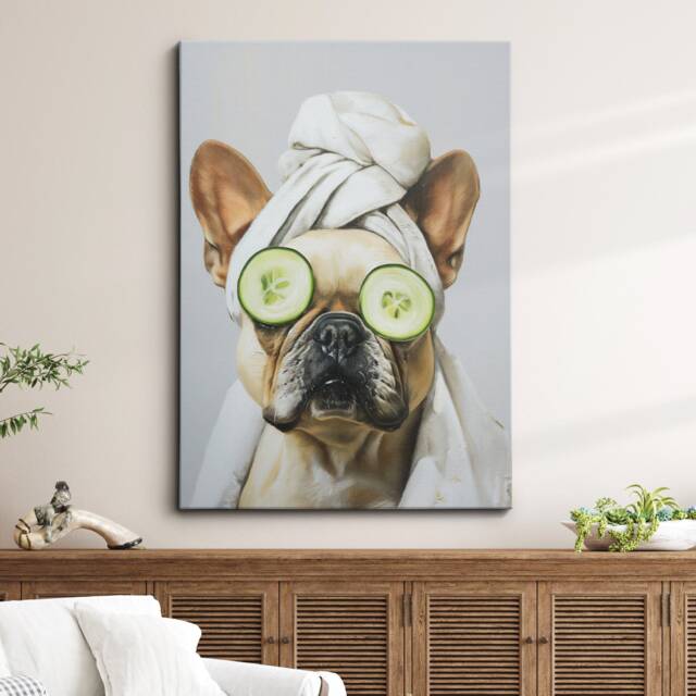 French Bulldog Beauty Care Towel Bath Tub Framed Poster Print & Canvas Wall Decor Art Painting Bedroom Home Bathroom Dog Lover Gift - image 1