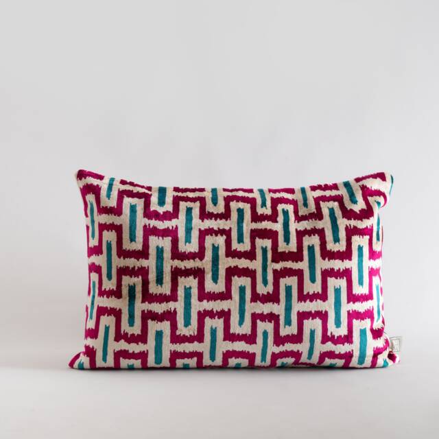 Silk Velvet Ikat Pillow Cover - Blue Fuchsia Covers - image 1