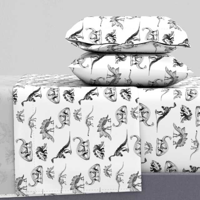 Dinosaur Sheets - Museum Animals By Bohobear Skeleton Animal Bones Black & White Cotton Sateen Sheet Set Bedding Spoonflower - image 1
