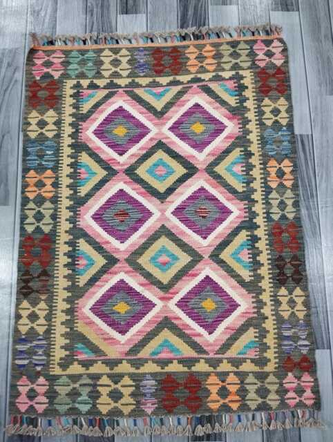 Colourful Kilim Rug, Handmade Artisan Afghan Turkish Scandinavian Navajo Bohemian Flatweave Wool Multicolour Rug 111x82 cm - image 1