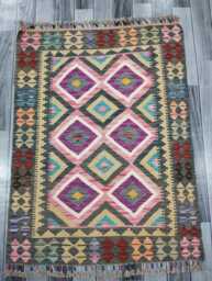 Colourful Kilim Rug, Handmade Artisan Afghan Turkish Scandinavian Navajo Bohemian Flatweave Wool Multicolour Rug 111x82 cm - thumbnail 1