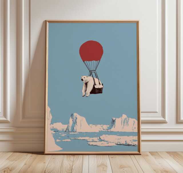Polar Bear Wall Art Print, Whimsical Surreal Illustration, Hot Air Balloon Poster, Modern Pop Decor, Playful Contemporary Artwork - image 1