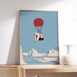 Polar Bear Wall Art Print, Whimsical Surreal Illustration, Hot Air Balloon Poster, Modern Pop Decor, Playful Contemporary Artwork - thumbnail 2