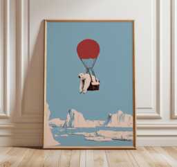 Polar Bear Wall Art Print, Whimsical Surreal Illustration, Hot Air Balloon Poster, Modern Pop Decor, Playful Contemporary Artwork - thumbnail 1