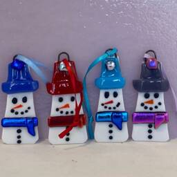Fused Glass Snowman Christmas Ornament, Turquoise Scarf & Hat - thumbnail 2