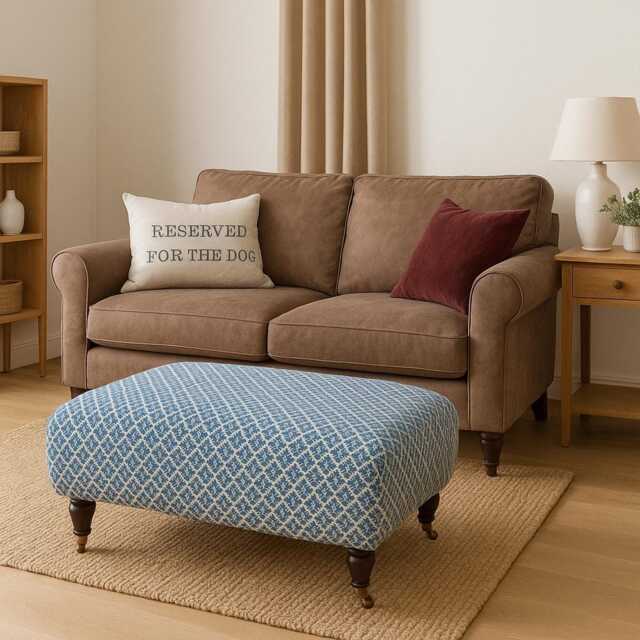 Linen Upholstered Ottoman - Vintage Modern Footstool With Mahogany Legs - image 1