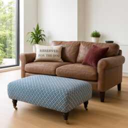 Linen Upholstered Ottoman - Vintage Modern Footstool With Mahogany Legs - thumbnail 2