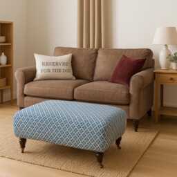 Linen Upholstered Ottoman - Vintage Modern Footstool With Mahogany Legs - thumbnail 1