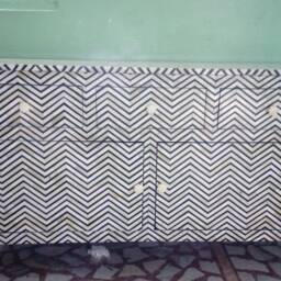 Designer Bone Inlay Dresser Black Chevron Pattern Chest Of 3 Drawers & 2 Doors Cabinet - thumbnail 3