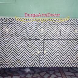 Designer Bone Inlay Dresser Black Chevron Pattern Chest Of 3 Drawers & 2 Doors Cabinet - thumbnail 4