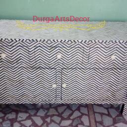 Designer Bone Inlay Dresser Black Chevron Pattern Chest Of 3 Drawers & 2 Doors Cabinet - thumbnail 2