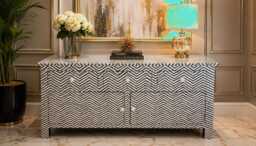 Designer Bone Inlay Dresser Black Chevron Pattern Chest Of 3 Drawers & 2 Doors Cabinet - thumbnail 1