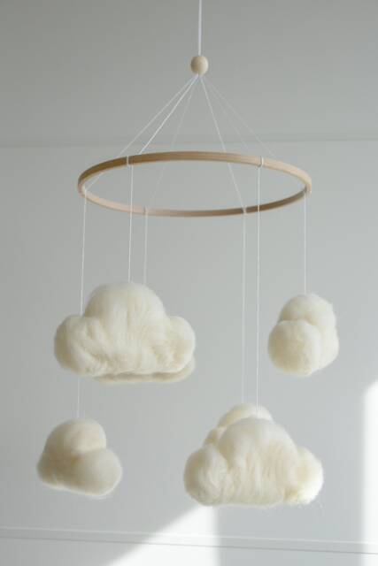 Felted Clouds Baby Nursery Mobile, Shower Gift For Announcement - image 1