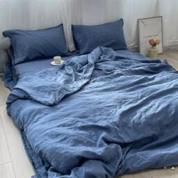 Set Of 3 Linen Duvet Cover With Pillowcases, Olive Green, Airy Blue, Natural Beige - thumbnail 2