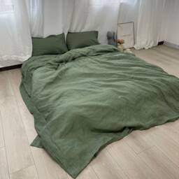 Set Of 3 Linen Duvet Cover With Pillowcases, Olive Green, Airy Blue, Natural Beige - thumbnail 3