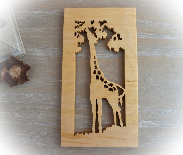 Wooden Giraffe Silhouette Wall Art - Scroll Saw Wildlife Picture Rustic Safari Home Decor - image 1