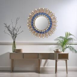 Peruvian Blue Eye Mirror 60 cm Handmade Wall Decor - Carved Wood Round Statement For Living Room Bathroom - thumbnail 3