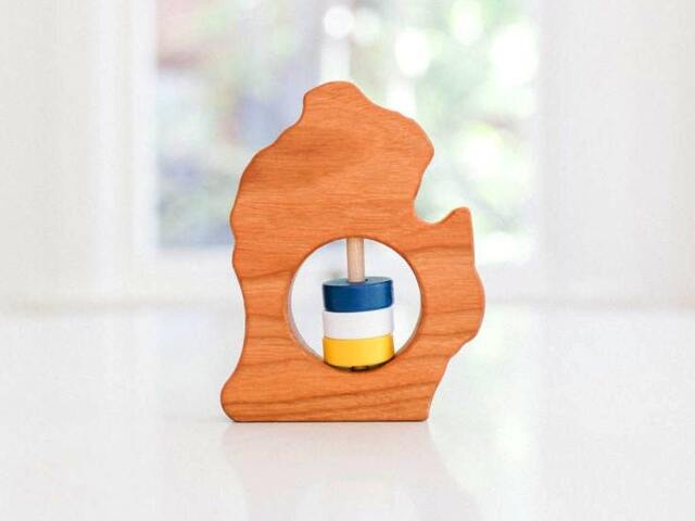 Michigan State Baby Rattle Modern Wooden Toy, Organic Keepsake - image 1