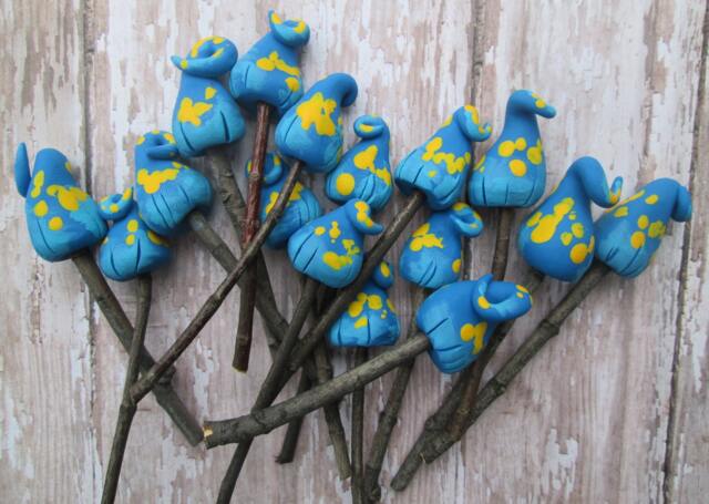Set Of 3 Miniature Clay Mushrooms Swirly Blue Fairy Garden Decor - image 1