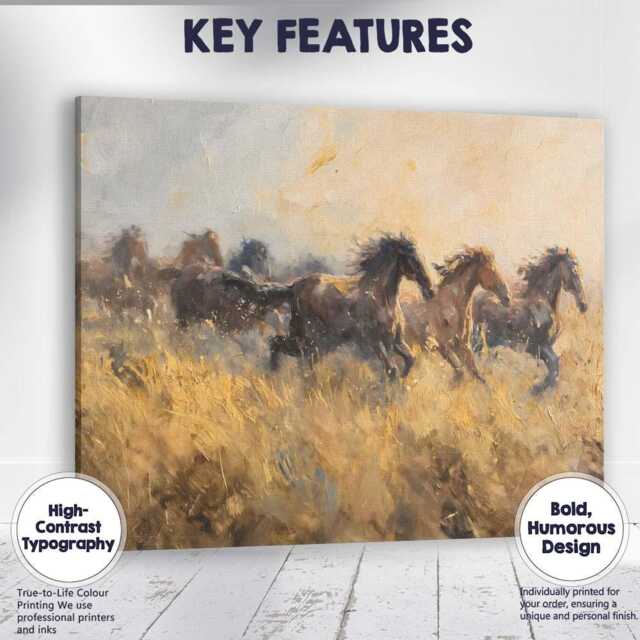 Galloping Wild Horses Through Golden Grassland Expressive Impressionist Canvas Wall Art Print Decor Picture Ready To Hang - image 1