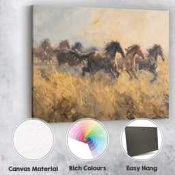 Galloping Wild Horses Through Golden Grassland Expressive Impressionist Canvas Wall Art Print Decor Picture Ready To Hang - thumbnail 2