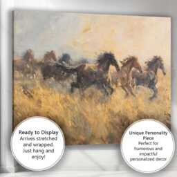 Galloping Wild Horses Through Golden Grassland Expressive Impressionist Canvas Wall Art Print Decor Picture Ready To Hang - thumbnail 3
