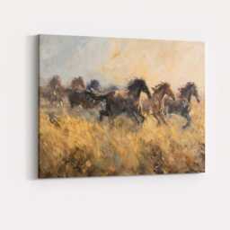 Galloping Wild Horses Through Golden Grassland Expressive Impressionist Canvas Wall Art Print Decor Picture Ready To Hang - thumbnail 4