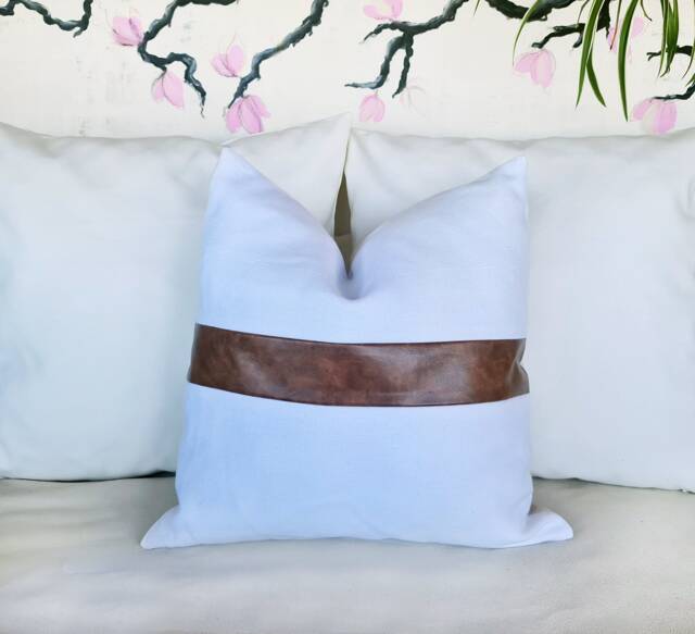 Color Block Pillow Cover Brown Faux Leather & Linen - image 1