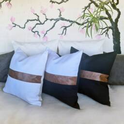 Color Block Pillow Cover Brown Faux Leather & Linen - thumbnail 3