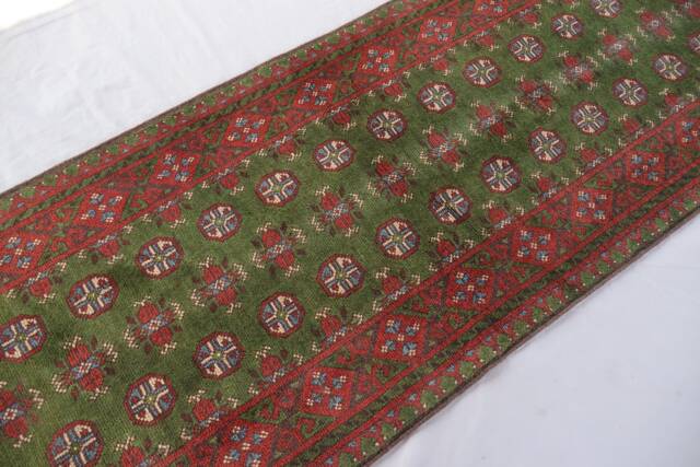 10 Ft Green Runner Rug Turkmen Mowri Design Afghan Bukhara Rug, Handmade Wool Tribal Oriental For Hallway Runner, Kitchen - image 1