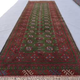 10 Ft Green Runner Rug Turkmen Mowri Design Afghan Bukhara Rug, Handmade Wool Tribal Oriental For Hallway Runner, Kitchen - thumbnail 2