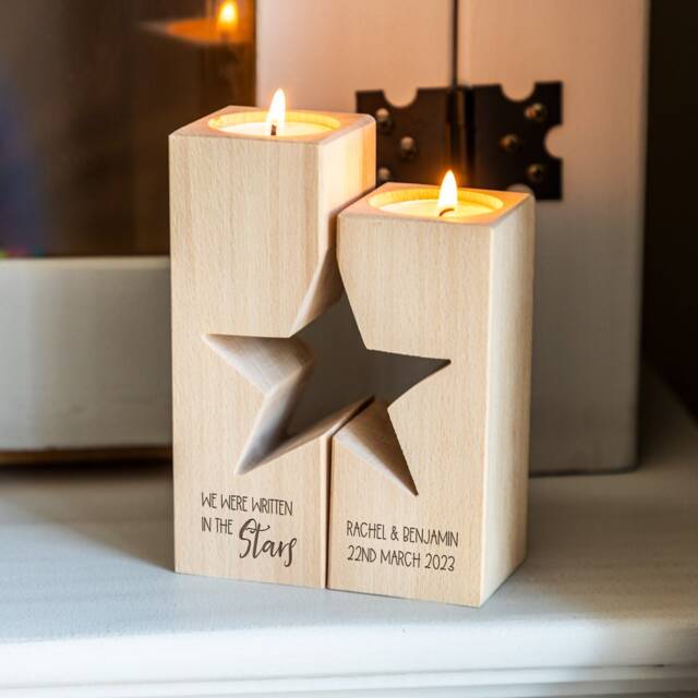 Wood Candle Holder Star Set - Written in The Stars Wedding Gift Personalised Tea Light For Couple Anniversary Lc861 - image 1