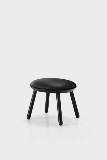 Black Leather Ottoman Scandinavian Style Ash Wood Stool - image 1