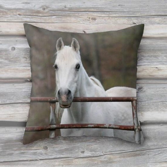 White Horse, Pillow Or Cover Home Decoration, Grey, White, Rustic, Farm, Equestrian, Landscape, Country Living, Decor, Farmhouse Decor - image 1