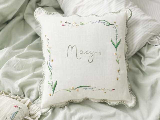 Embroidered Wildflower Cushion - Personalised Name Scalloped Edge Heirloom Pillow - image 1