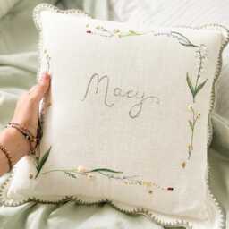 Embroidered Wildflower Cushion - Personalised Name Scalloped Edge Heirloom Pillow - thumbnail 2