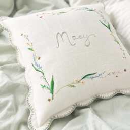 Embroidered Wildflower Cushion - Personalised Name Scalloped Edge Heirloom Pillow - thumbnail 3