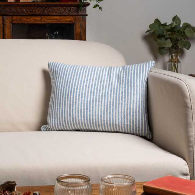 Woven Ticking Stripe Boudoir Cushion Cover in Soft Blue. Nautical Stripes, Modern Design. 17x12 - image 1