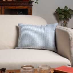 Woven Ticking Stripe Boudoir Cushion Cover in Soft Blue. Nautical Stripes, Modern Design. 17x12 - thumbnail 1