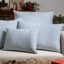 Woven Ticking Stripe Boudoir Cushion Cover in Soft Blue. Nautical Stripes, Modern Design. 17x12 - thumbnail 3